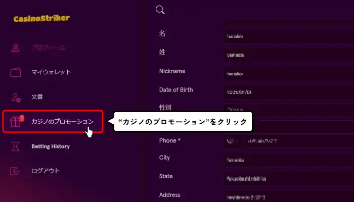 カジノストライカー入金不要ボーナス受取方法解説(プロモーション移動画面)